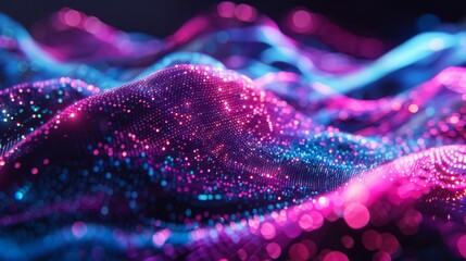 A vibrant digital waves of neon lights in a spectrum of pink, blue, and purple hues creating a...