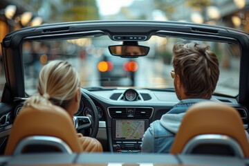 View from the backseat of a convertible car with couple in front, driving through city streets with navigation on