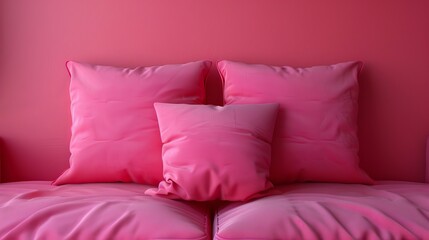   A tight shot of a bed with pink linens – sheets and pillows – against a pink wall Nearby, a window lets in daylight