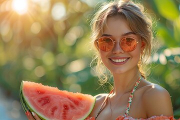 Smiling young woman with sunglasses holding a juicy watermelon slice on a sunny day, evoking freshness and summer vibes