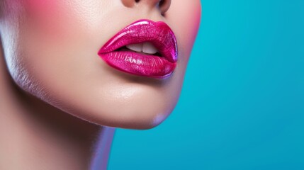 A close-up of luscious lips covered in glossy hot pink lipstick against a cool turquoise background