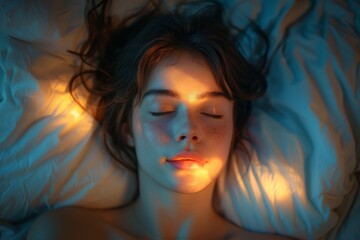Fototapeta premium Peaceful young woman sleeping soundly in bed with colorful ambient light on her face, depicting serenity and dreams