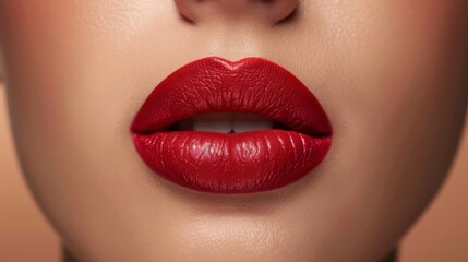 Obraz premium A close-up view of impeccably applied matte red lipstick, emphasizing the detailed texture and contours of the lips
