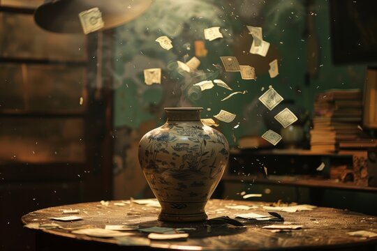 Antique vase with money flying out, set in an old room, depicting unexpected financial gains or the idea of windfalls