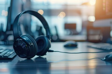 Headset and customer support equipment at call center ready for actively service . Corporate business help desk and telephone assistance concept