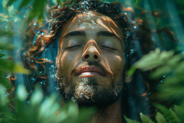 Fototapeta premium Serene moment amongst cannabis leaves, face of a man in the water, hallucinating, stoned concept