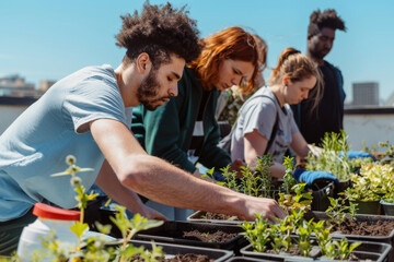Urban gardening workshop on a sunny rooftop. Diverse group of people of different ages and ethnicities planting herbs and small vegetables in recycled containers