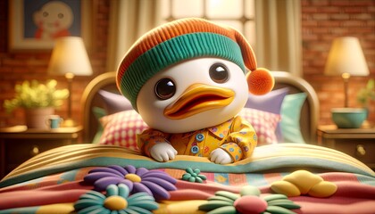 A duck is sleeping on a bed with a pillow. The duck is wearing a hat and a blanket