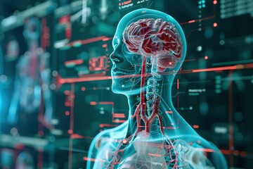 Human anatomy. The anatomical model of a human lymphatic system is rotated around its axis on futuristic head-up display