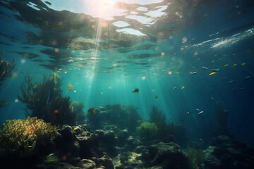 Sunlight shines through water on coral reef