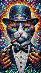 A cat wearing a top hat and bow tie holding a gun. The cat is smoking a cigarette