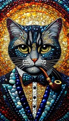 A cat is wearing a suit and tie and holding a pipe. The image is a colorful and abstract representation of a cat in a suit