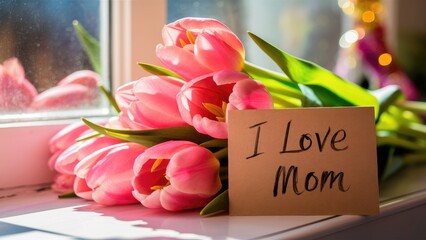 colorful flower bouquets and card with the words I love mom