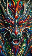 Obraz premium A colorful dragon with a red eye and a mouth full of teeth. The dragon is surrounded by a variety of colorful beads and stones
