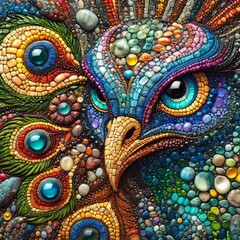 A colorful owl with a blue eye and a blue beak. The owl is surrounded by many small beads and stones, giving it a unique and intricate appearance. Concept of creativity and artistry