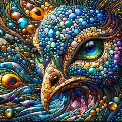 A colorful owl with a blue eye and a blue beak. The owl is surrounded by many small beads and stones, giving it a unique and intricate appearance. Concept of creativity and artistry