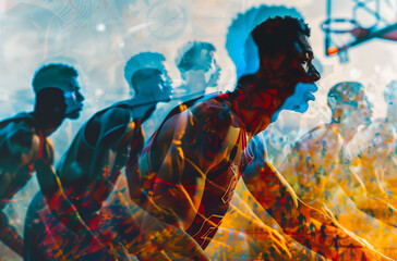 Basketball team basketball players ready to rush into action, into the game, translucent photo collage on the background of a basketball hoop