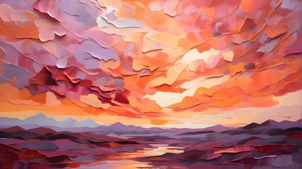 Layers of radiant magenta, fiery orange, and tranquil lavender intertwine in an abstract portrayal capturing the vibrant essence of a sunset-painted sky, sharply defined. 