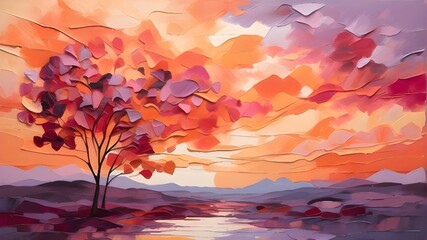 Layers of radiant magenta, fiery orange, and tranquil lavender intertwine in an abstract portrayal capturing the vibrant essence of a sunset-painted sky, sharply defined. 