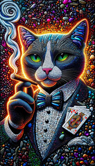 A colorful cat is wearing a suit and tie and holding a cigarette. The cat is surrounded by a galaxy of stars and planets, giving the image a whimsical and playful vibe