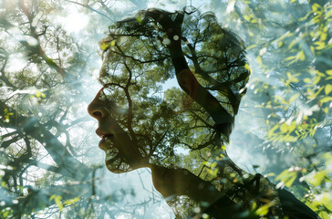 Profile of a young man on a natural green background, tall trees, close-up, translucent photo collage