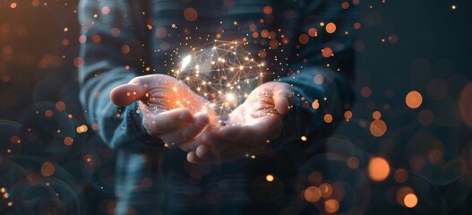 A man holds in his hands the energy of an artificial intelligence network, which is connected to other networks and data points across various social media platforms Generative AI