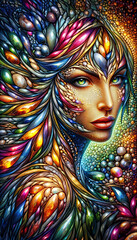 A colorful painting of a woman with a face made of small beads. The painting is vibrant and full of life, with a sense of whimsy and fantasy. The woman's face is surrounded by a colorful