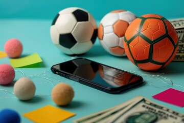 Money, mobile phone and balls on color background. Concept of sports bet
