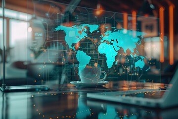 Multi exposure of modern conceptual graphic world map hologram on a contemporary furnished office stylish interior background, connection and communication concept