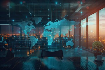 Multi exposure of modern conceptual graphic world map hologram on a contemporary furnished office stylish interior background, connection and communication concept