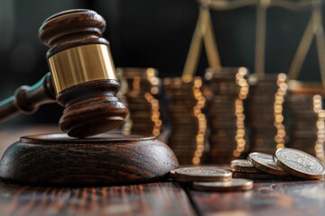 A gavel rests on a wooden block in the foreground with golden coin stacks behind it, illustrating the costliness of legal judgments in bankruptcy. Bankruptcy concept, failure, insolvency, Themis