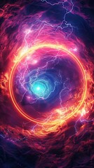 A colorful, glowing, and abstract space scene with a large, glowing circle in the center. The colors are vibrant and the overall mood is energetic and dynamic