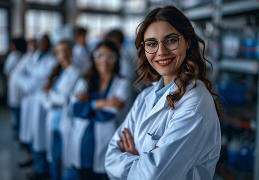 a woman in white lab coat with her arms crossed