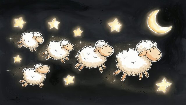A whimsical illustration of floating sheep against a night sky with a bright crescent moon and clouds