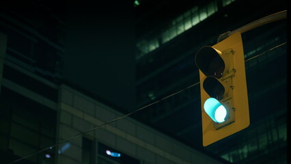 A traffic light works against a background of skyscrapers at night
