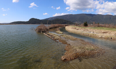 Shallow river in windy autumn day