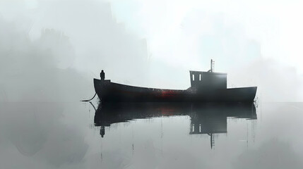 A minimalist sketch of a small tugboat in a large harbor