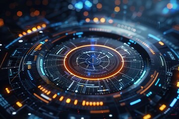 Round scanner against digital interface with data processing on black background. computer interface and hi tech, mechanical technology concept