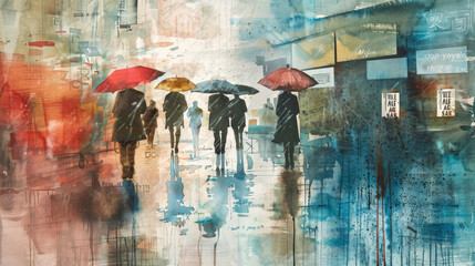 Artistic Rainy Day City Scene with Shoppers