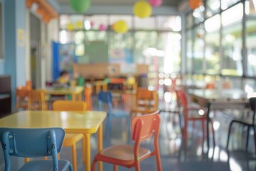 Fototapeta premium School classroom in blur background without young student; Blurry view of elementary class room no kid or teacher with chairs and tables in campus.