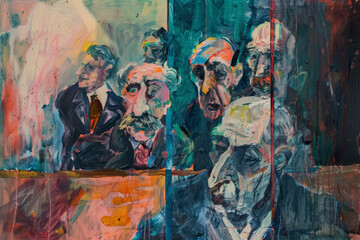 Expressionist Courtroom Scene Painting - Anxiety Judgment