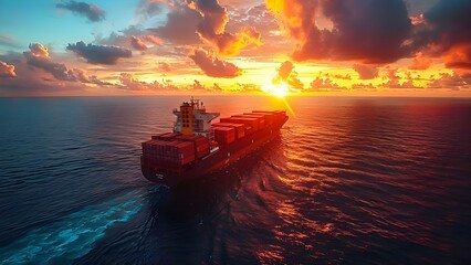 Container Ship Safely Distributing Global Trade at Sunset. Concept Container Ships, Global Trade, Sunset Views, Shipping Industry, Logistics Management