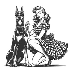 retro pin-up girl with dog Doberman, evoking a sense of vintage companionship sketch engraving generative ai fictional character vector illustration. Scratch board imitation. Black and white image. - 795687972