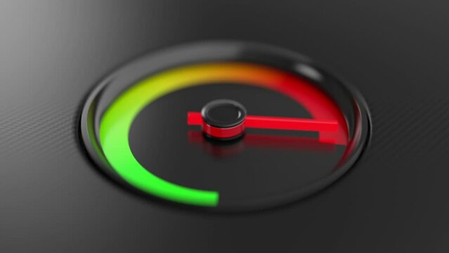 Animation of a speedometer on a black background. Futuristic 3D animation of speedometer HUD UI element. The arrow moves realistically.