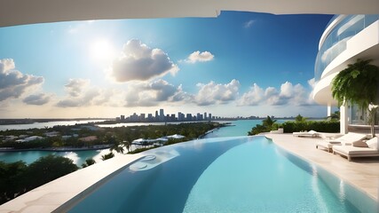 Type of Image: Artistic Image, Subject Description: An artistic interpretation of a modern villa with a private rooftop infinity pool overlooking the Miami skyline, Art Styles: Contemporary art, Art I