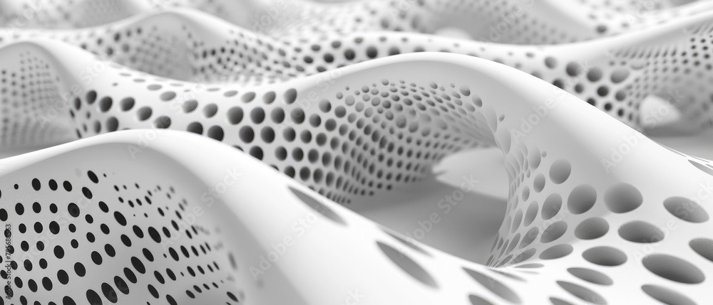 Wall mural surface of cyber data, ai abstract texture background, white digital perforated waves. theme of netw