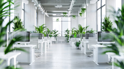 Modern office interior with green plants, desks and computers, empty room with white design. Theme of business, work, space, background