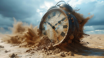 Vintage clock in desert, surreal scene with motion of sand and old dial in summer. Concept of time, art, history, drought, nature, warming and past