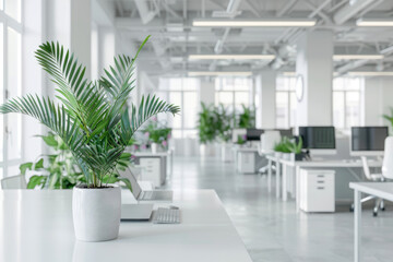 Office interior with green plants, desks and computers on blurred background, empty modern room with white design. Theme of business, work, space