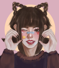 digital drawing of a cute brown-haired girl with brown eyes and cheerful smile with star and heart stickers on her face and patch on her nose posing showing cheek heart